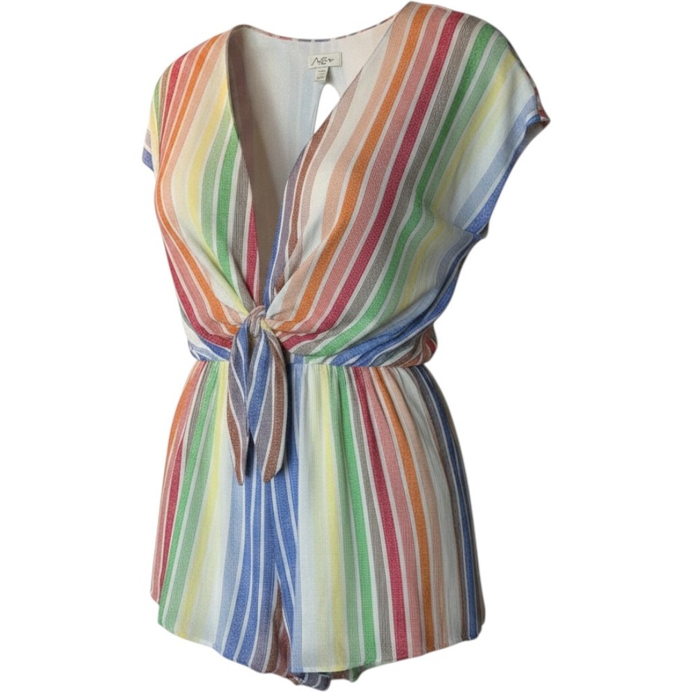 She + Sky Romper Size L Multicolor Rainbow Striped Short Sleeve Open Back V-Neck - Picture 1 of 11